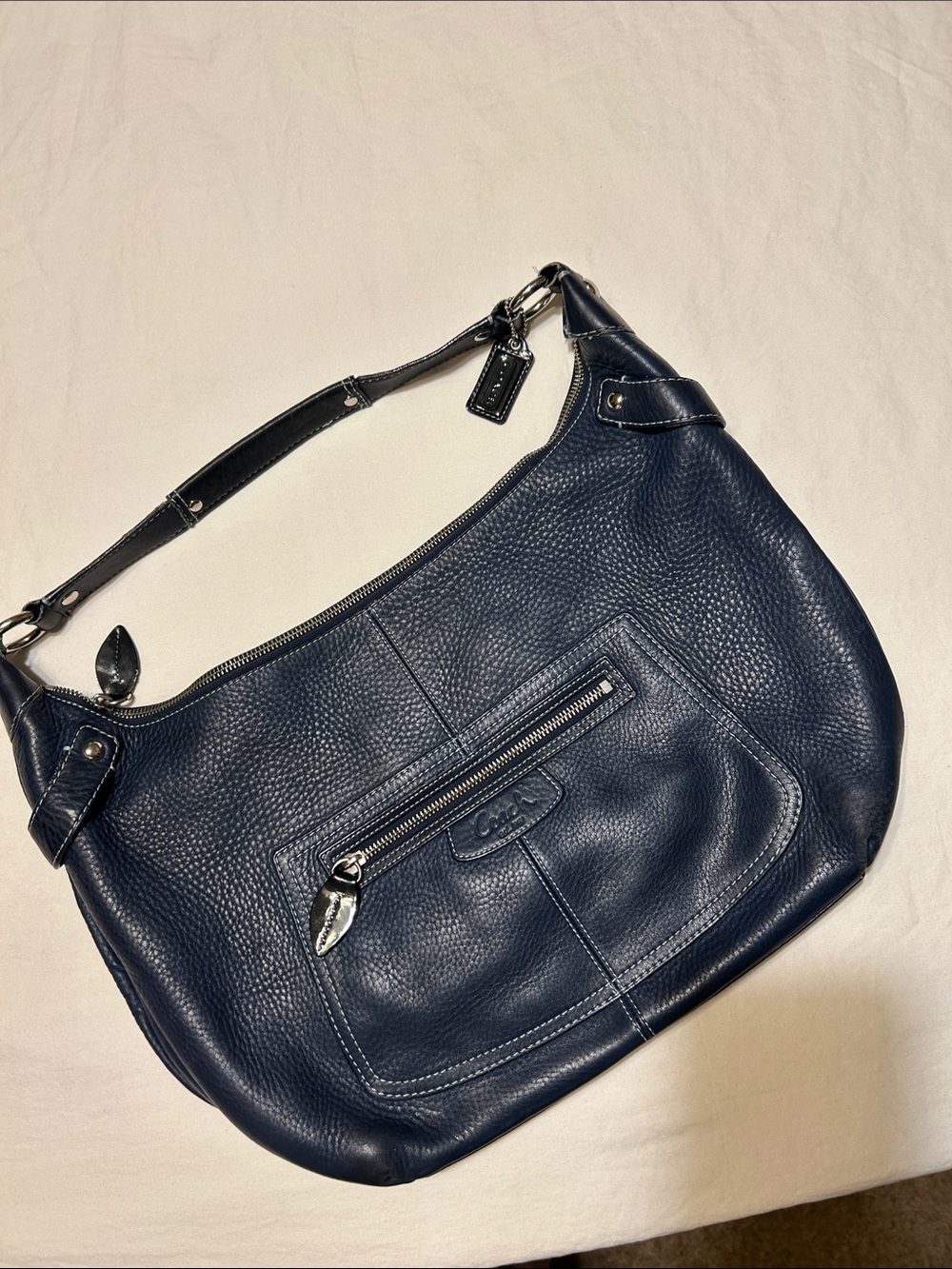 Coach Navy Pebbled Leather Hobo with Front Zip Pocket